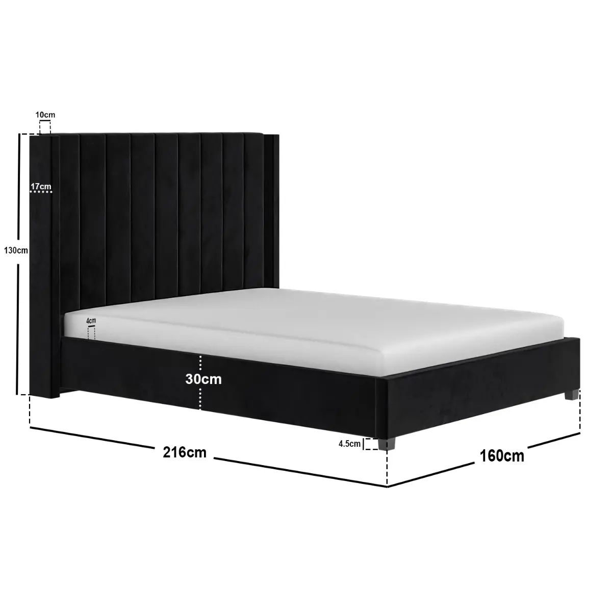 Dimensions diagram for Flair Tiggy Kingsize Ottoman Bed with Winged Headboard Black Velvet