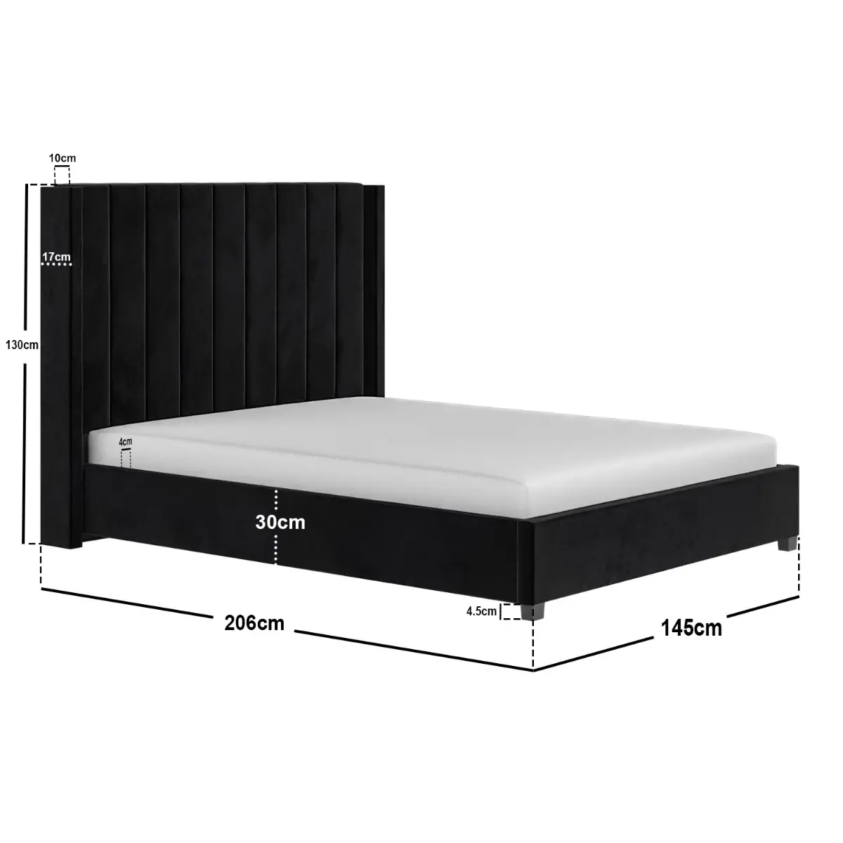 Dimensions diagram for Flair Tiggy Ottoman Bed with Winged Headboard Black Velvet