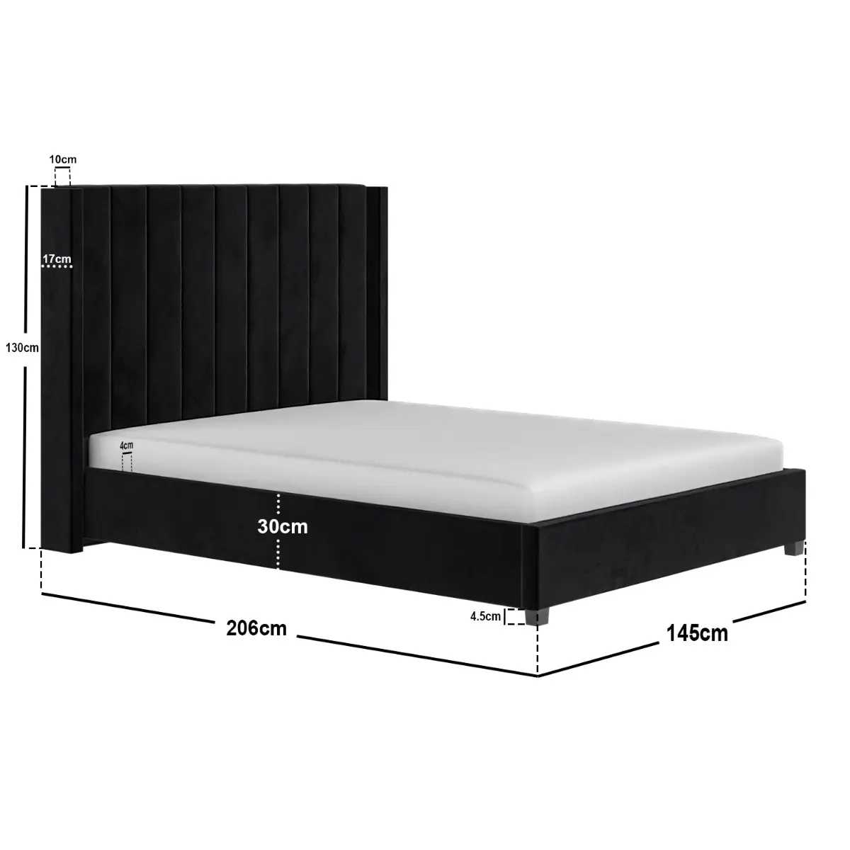 Dimensions diagram for Flair Tiggy Double Ottoman Bed with Winged Headboard Black Velvet