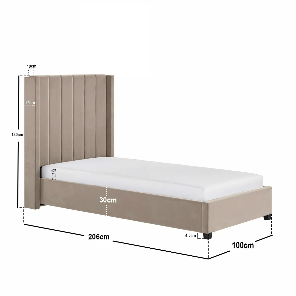 Dimensions diagram for Flair Tiggy Single Ottoman Bed Velvet Beige