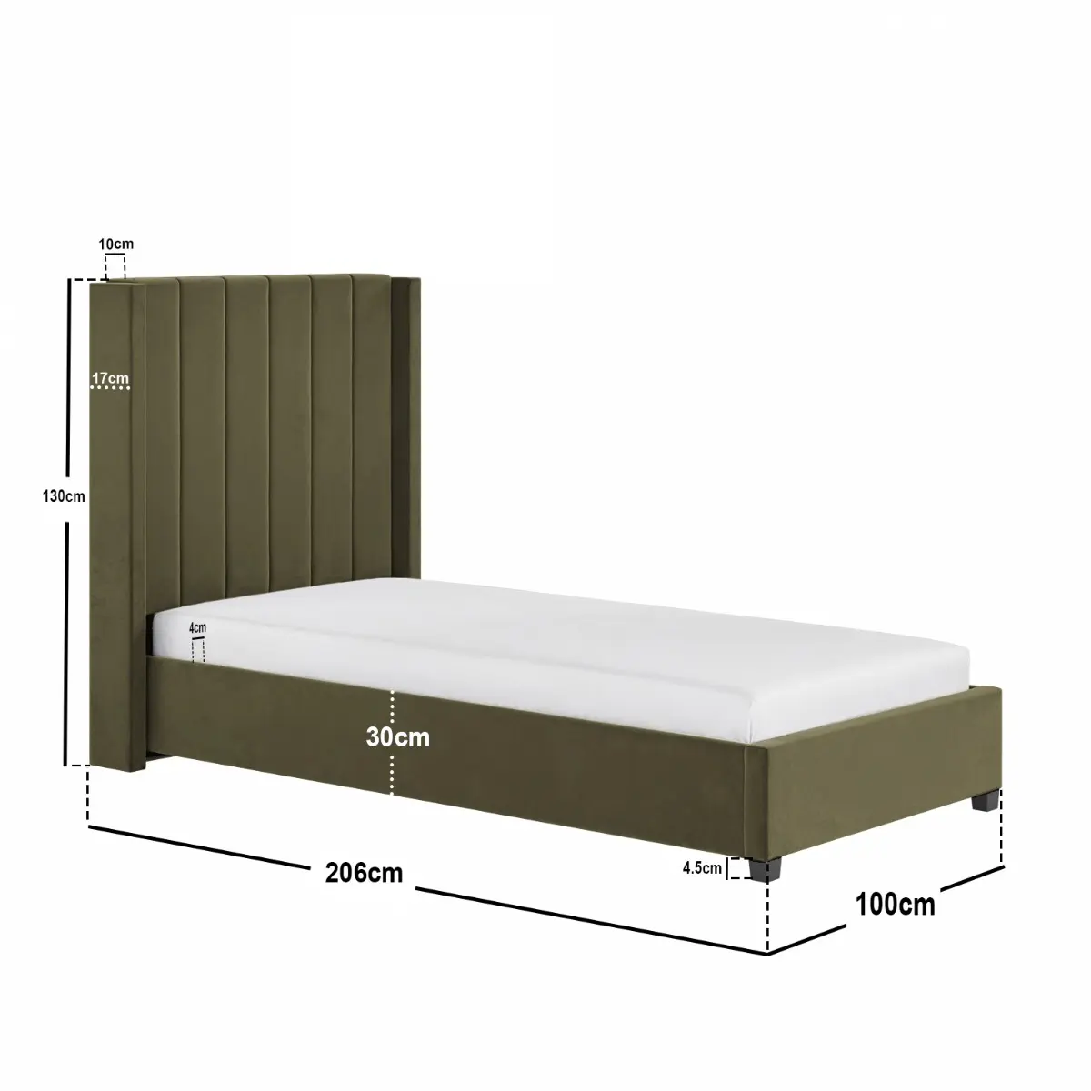 Dimensions diagram for Flair Tiggy Single Ottoman Bed Velvet Khaki Green