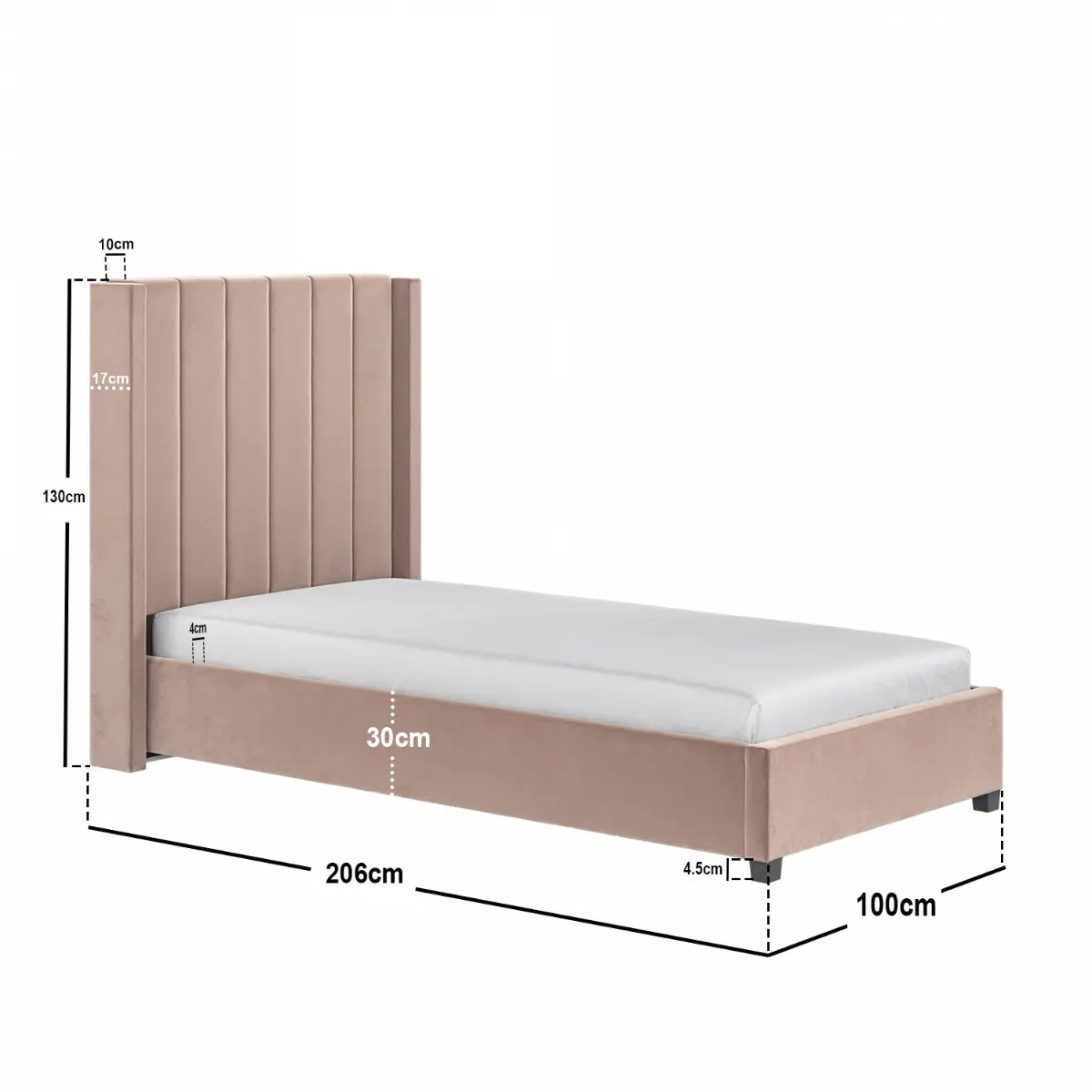 Dimensions diagram for Flair Tiggy Single Ottoman Bed with Tall Winged Headboard Velvet