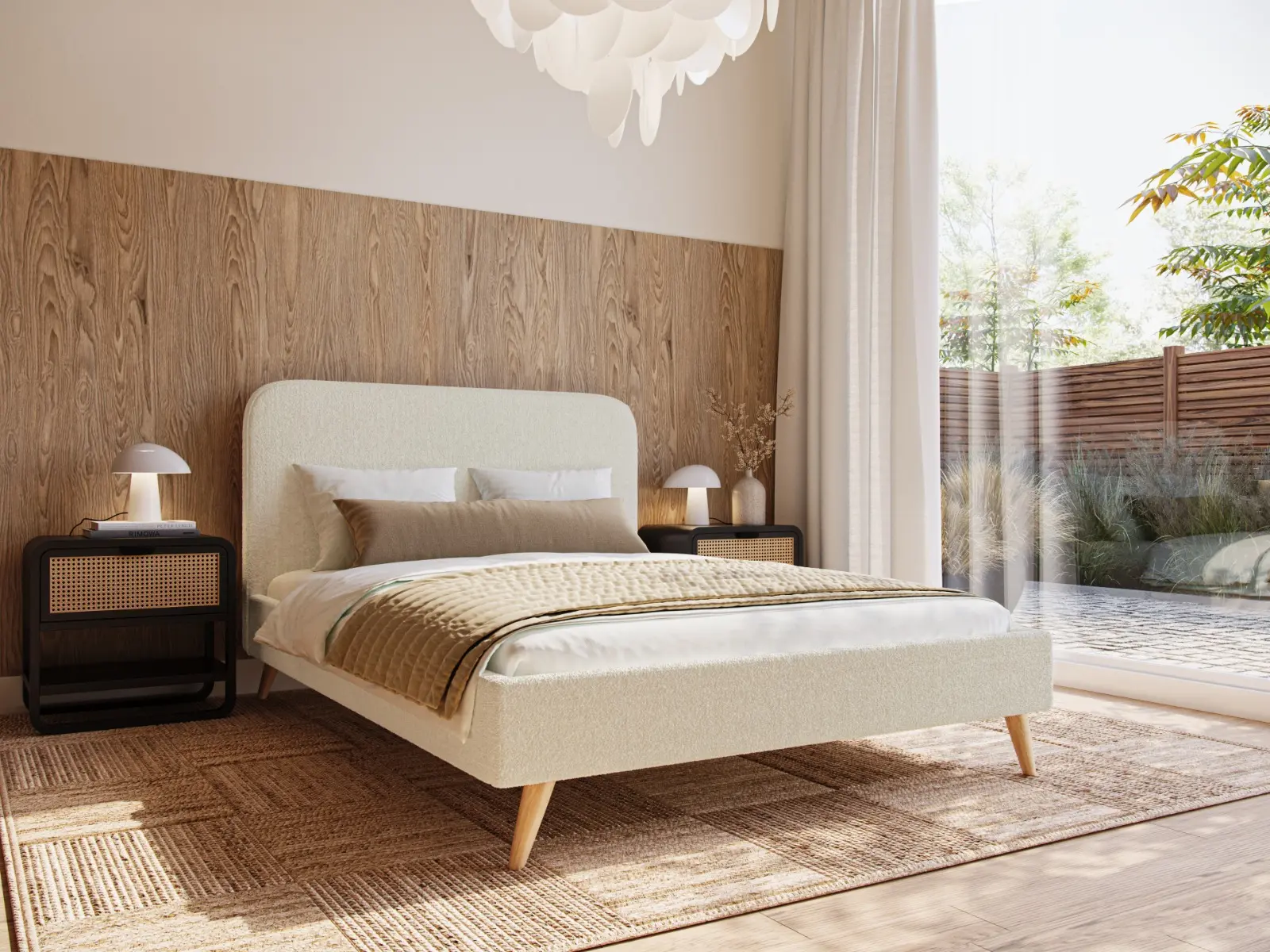 Cream double bed with brown bedsheets