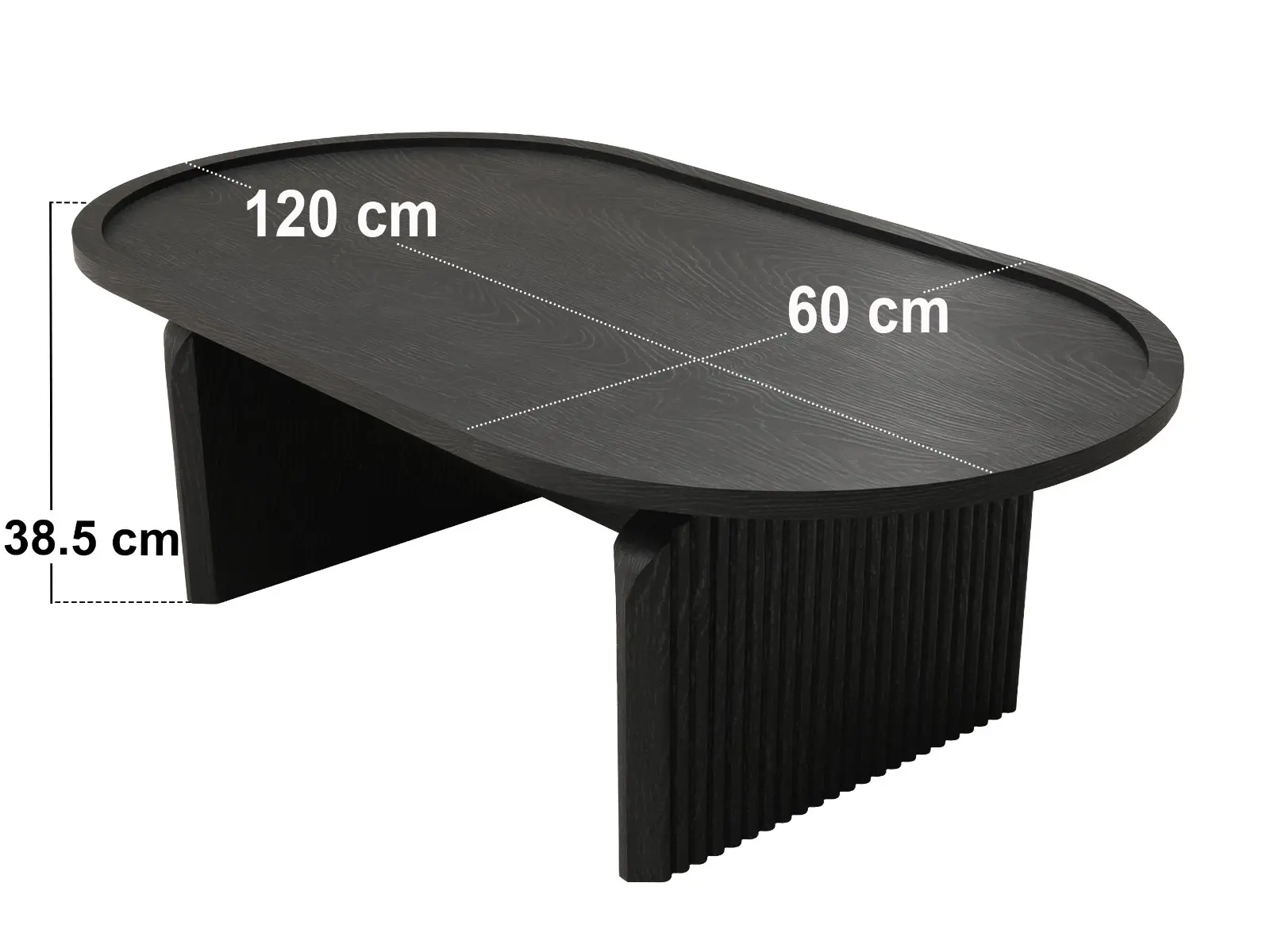 Dimensions diagram for SOLACE+CO Varm Ribbed Wooden Oval Coffee Table Black 