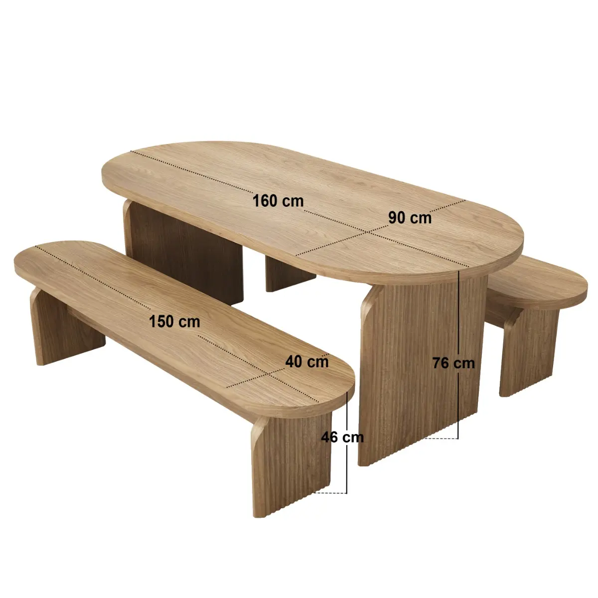 Dimensions diagram for SOLACE+CO Varm Ribbed Oval Dining Table & 2 Bench Set