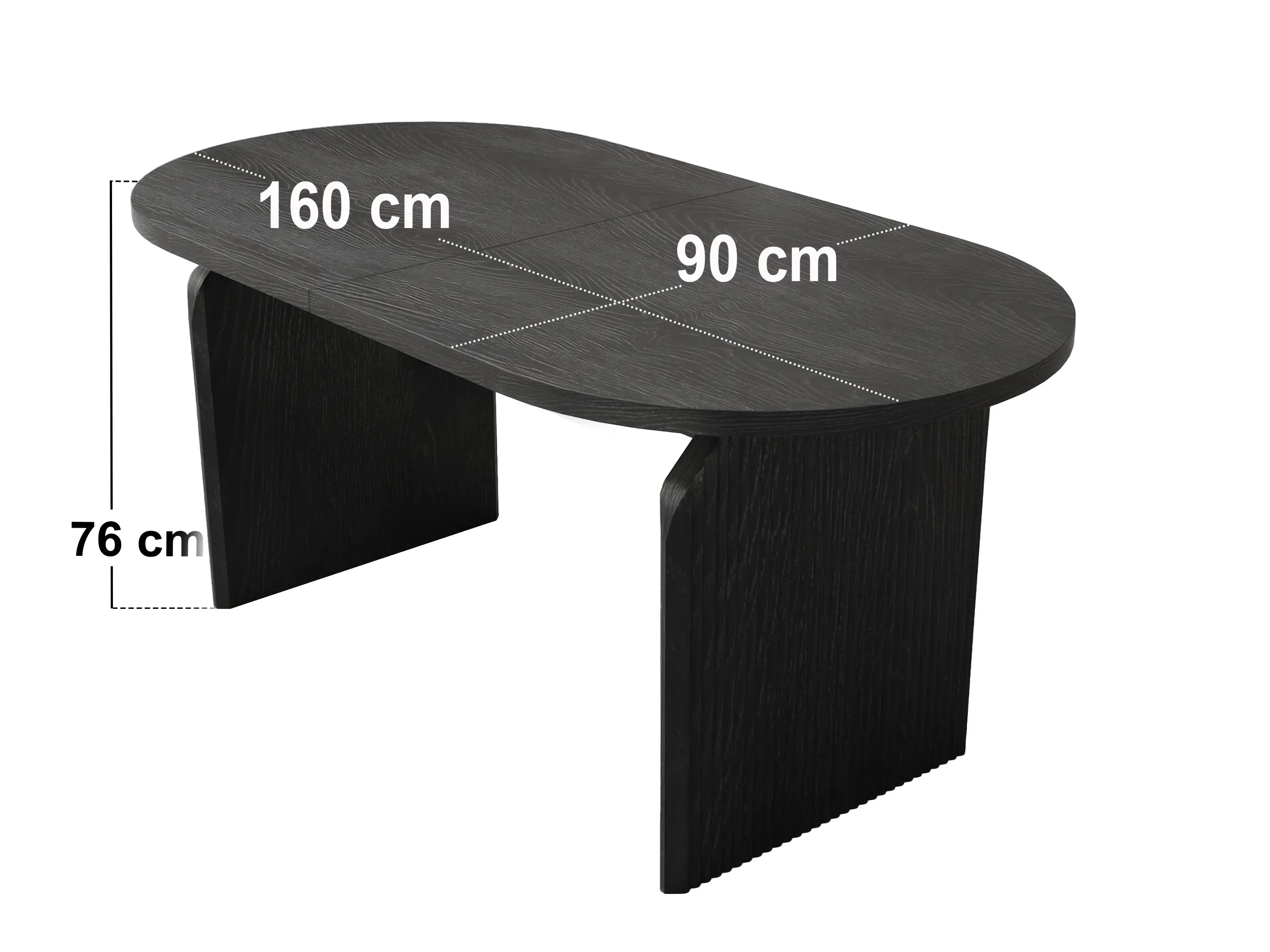 Dimensions diagram for SOLACE+CO Varm Ribbed Oval Extendable Dining Table & 2 Bench Set Black