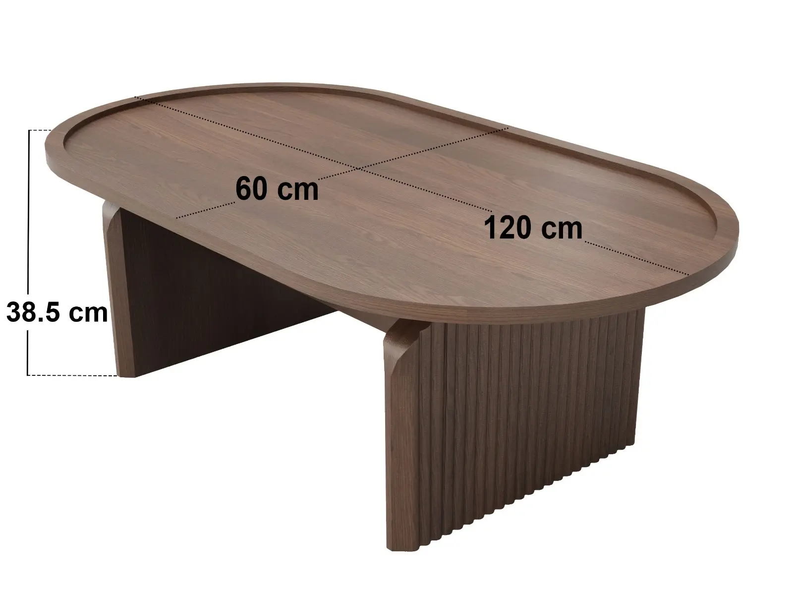 Dimensions diagram for SOLACE+CO Varm Ribbed Wooden Oval Coffee Table Walnut