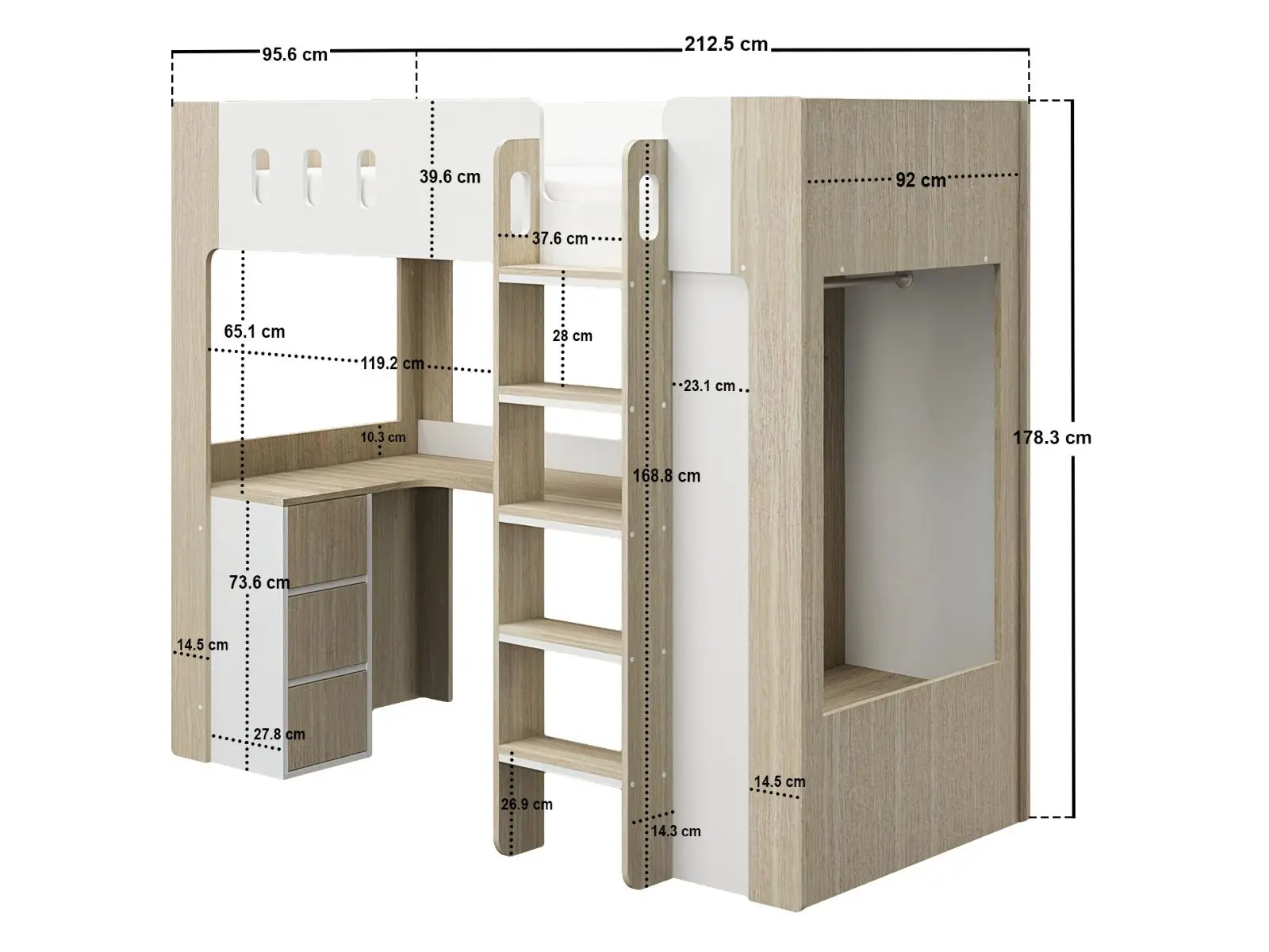 Dimensions diagram for Flair Willow High Sleeper with Desk & Storage White & Oak