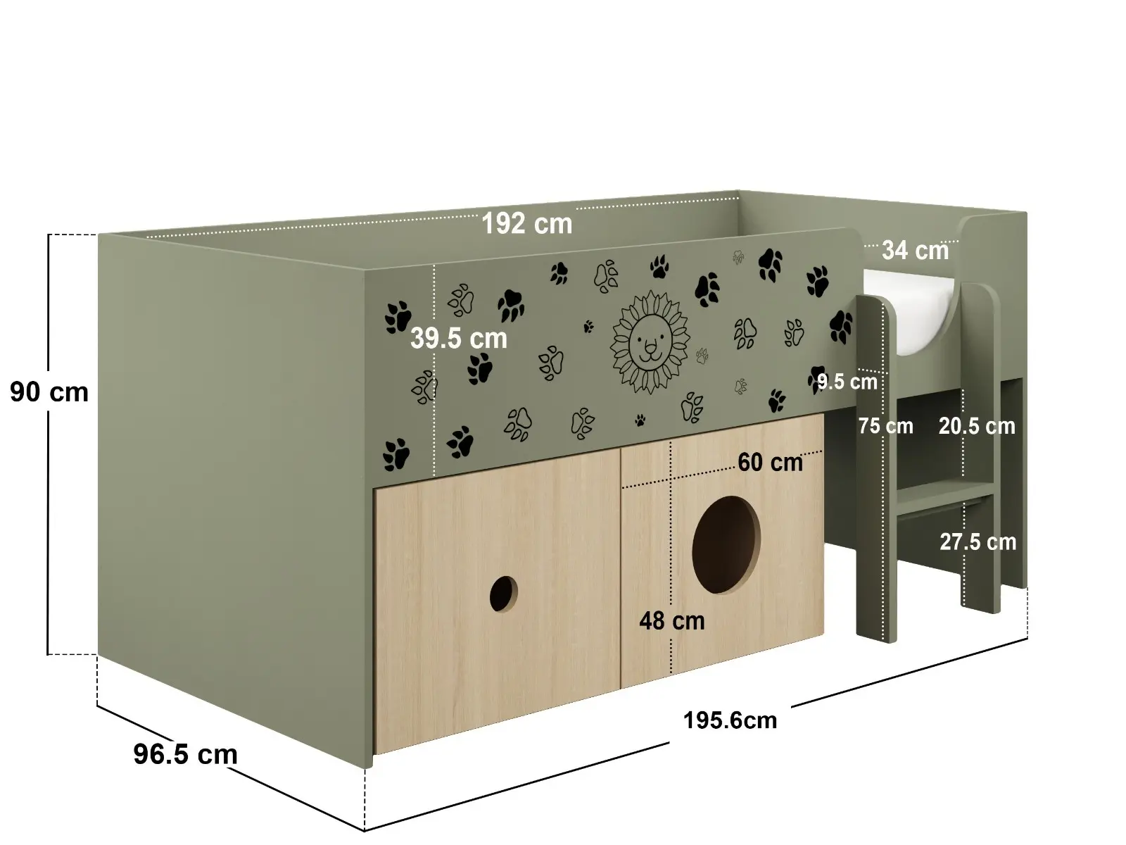 Dimensions diagram for Flair Zaiden Safari Mid Sleeper Bed with Toy Box Storage