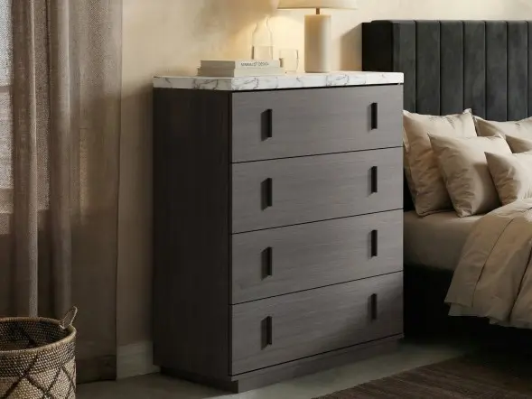 Walnut chest of drawers with marble effect top. 