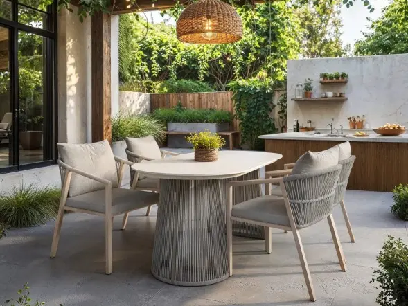 Solace+Co Hana oval garden dining table with Lynden beige rattan chairs and cushions