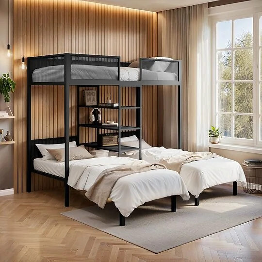 Flair Axton black metal triple bunk bed with shelves