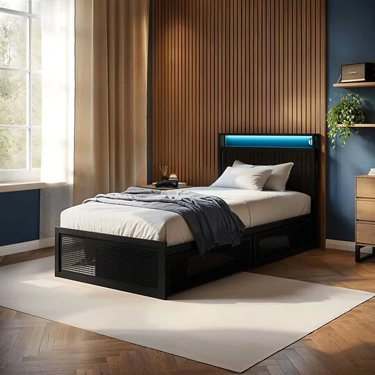 Flair Callan black metal bed with storage and LED headboard