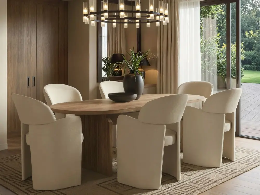 Varm oak effect extendable dining table with 6 beige Estella velvet chairs 
