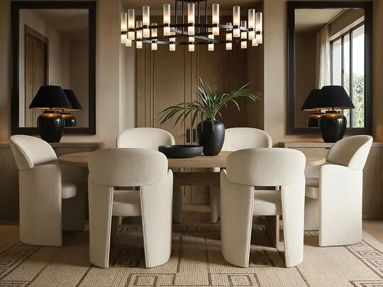 Varm oak effect extendable dining table with 6 beige Estella velvet chairs