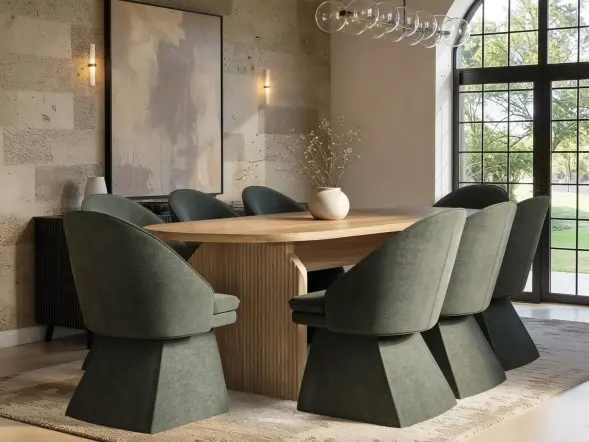 SOLACE+CO Varm Oak Extendable Table & Aiko Green Chairs Dining Set