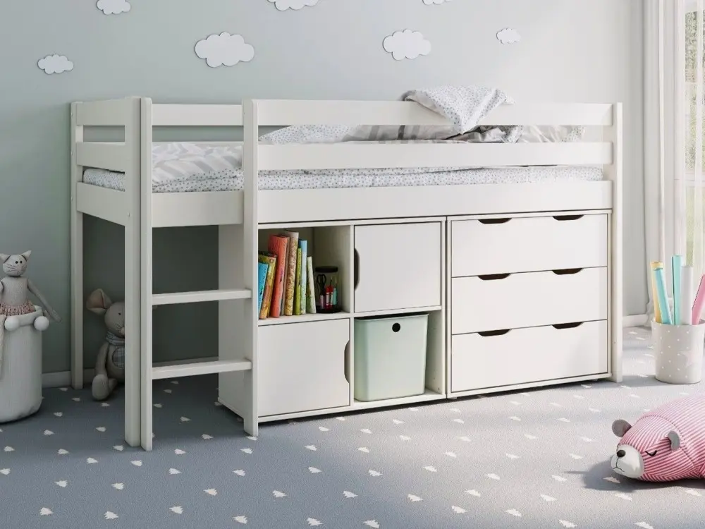 Noomi Nora white solid wood mid sleeper storage cabin bed with drawers
