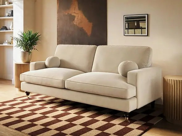 SOLACE+CO Addison 3 Seater Sofa with Caster Legs Beige Velvet
