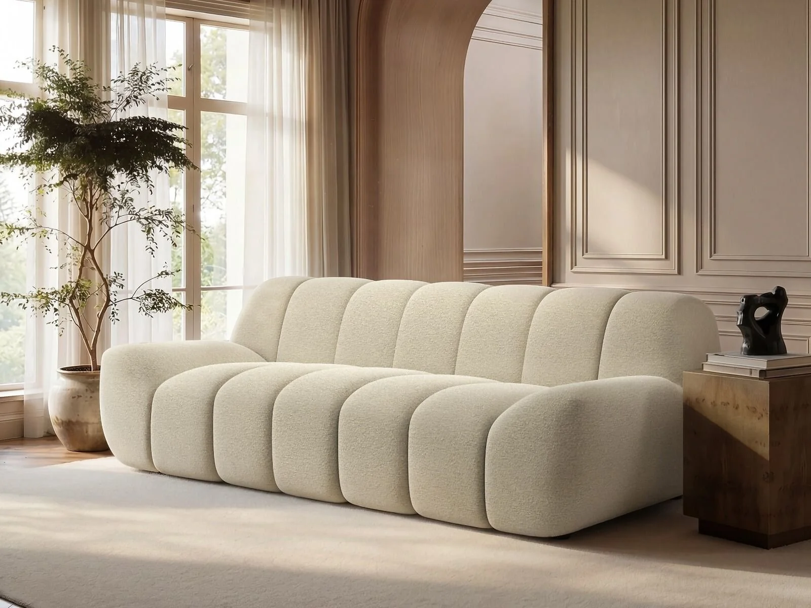 Macy large 3 seater sofa in cream textured fabric with sculpted panel design in a modern living room