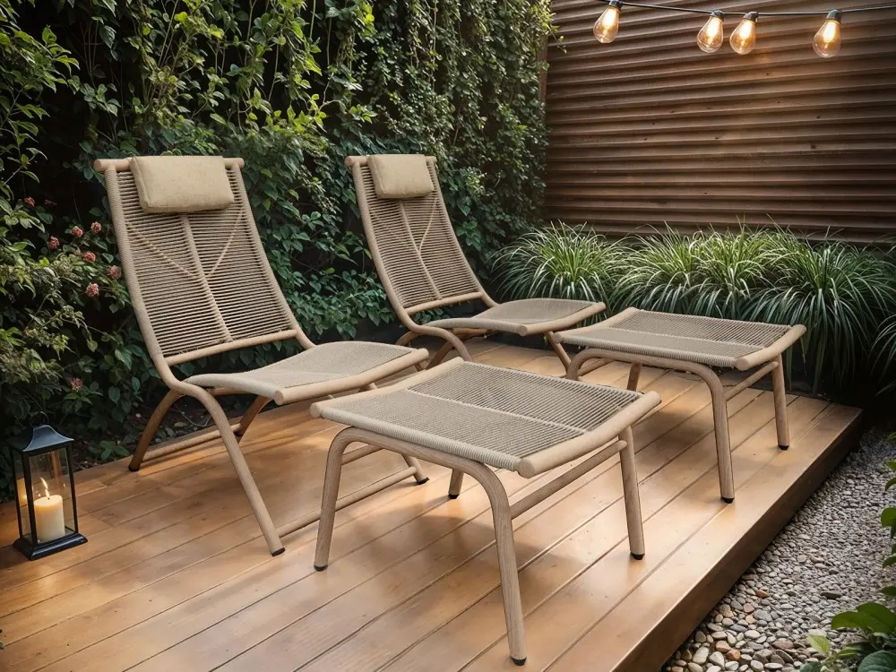 Garden lounge chairs with matching footstools on a wooden deck in a modern outdoor setting
