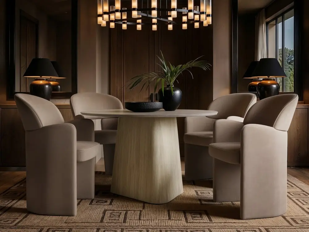 Elin round dining table with four brown velvet Estella chairs  