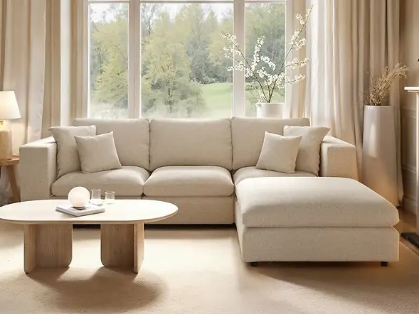 SOLACE+CO Asher 4 Seater Sofa with Reversible Footstool Beige Boucle