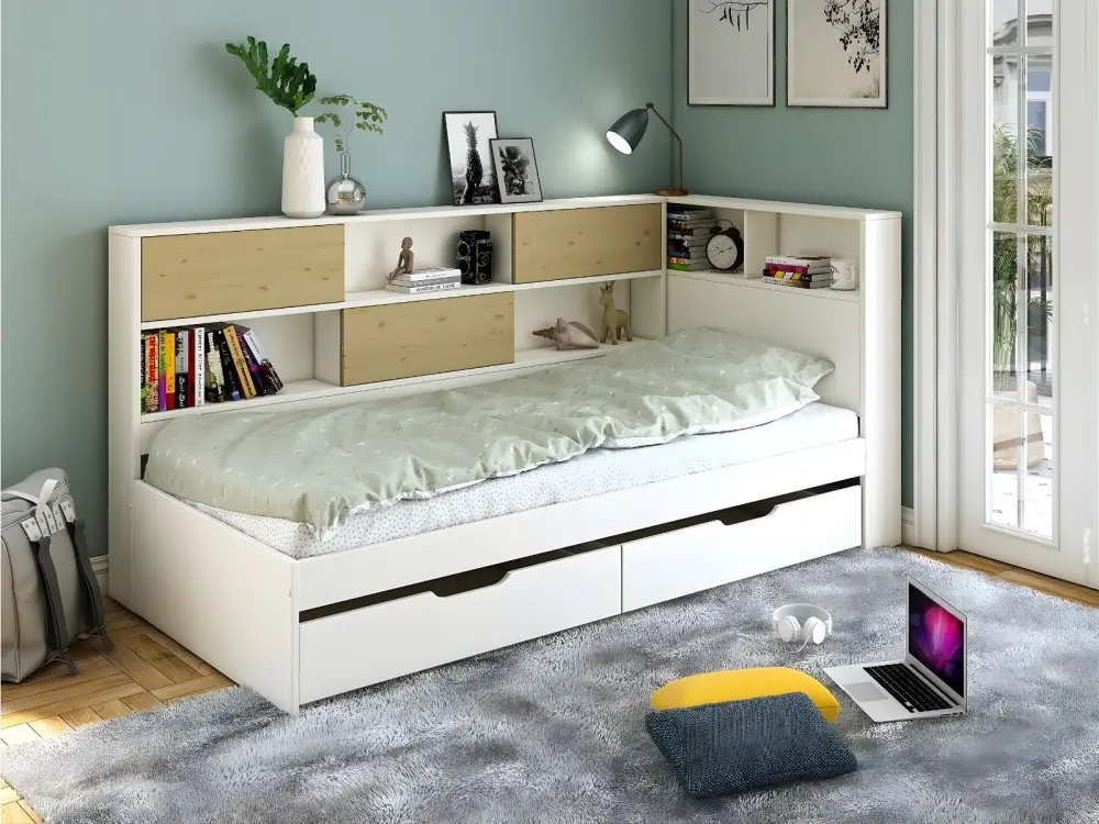 Noomi Jorgi continental single bed with wraparound corner shelving
