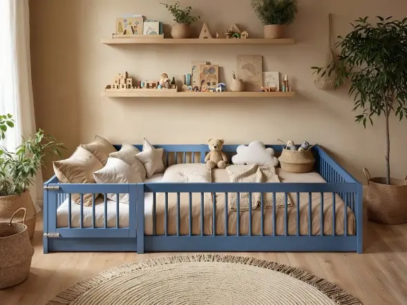 Imogen small double toddler bed in solid pine with full safety rails, styled in a soft neutral children’s bedroom
