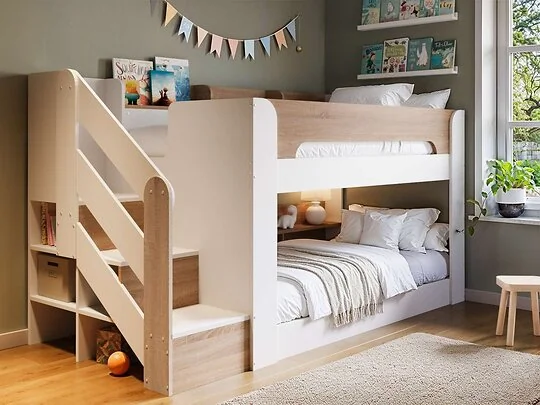 Flair Zeno low bunk bed in white and oak with storage staircase in a child's bedroom