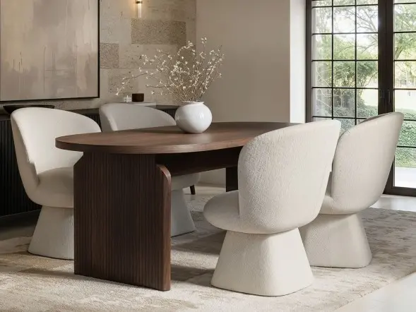 SOLACE+CO Varm Walnut-Effect Ribbed Dining Table with White Aiko Chairs Set