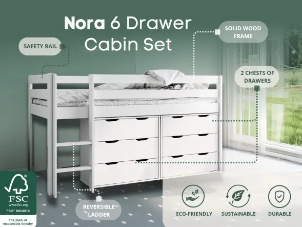 Noomi Nora white mid sleeper with drawers and solid wood frame
