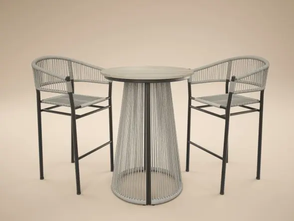 Outdoor bar table and two bar chairs with woven rope detailing on a patio
