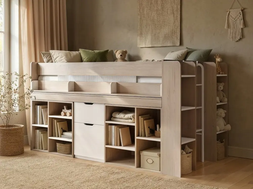  Flair Micah mid sleeper bed with desk and storage oak white