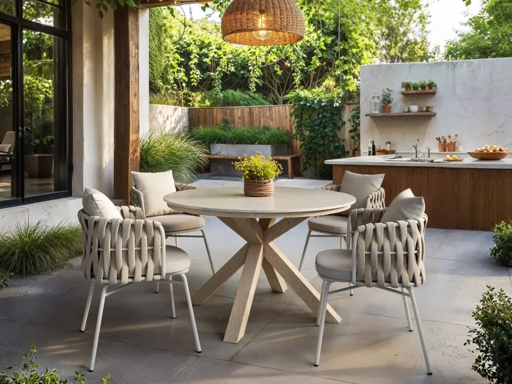 Solace+Co Florence round garden dining table with sintered stone top and four Louisa rope chairs