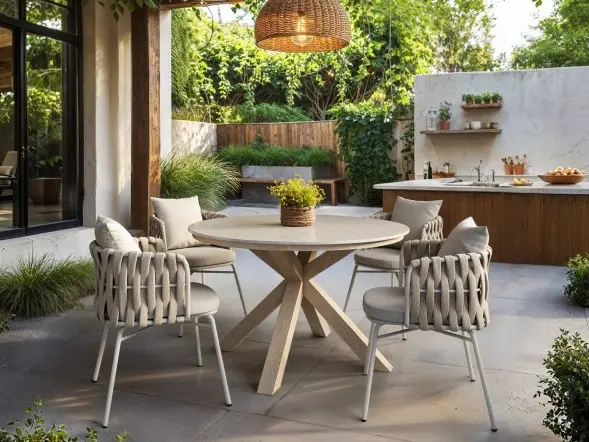 Solace+Co Florence round garden dining table with sintered stone top and four Louisa rope chairs