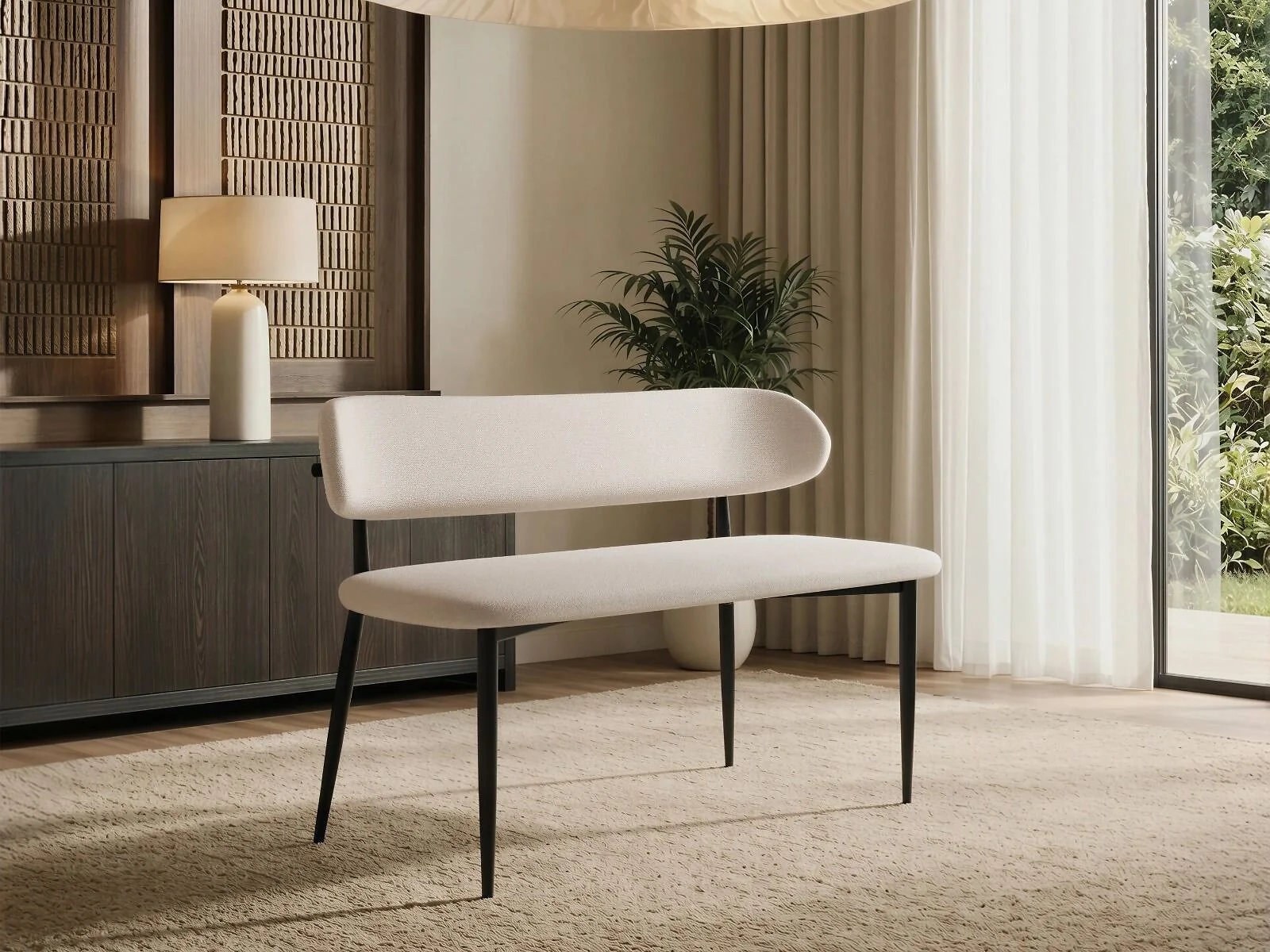 Cyra bench with black metal legs and beige chenille seat