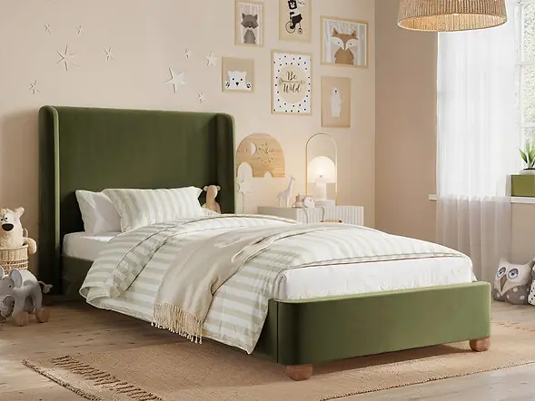 Flair Alma single upholstered bed with winged headboard in beige boucle

