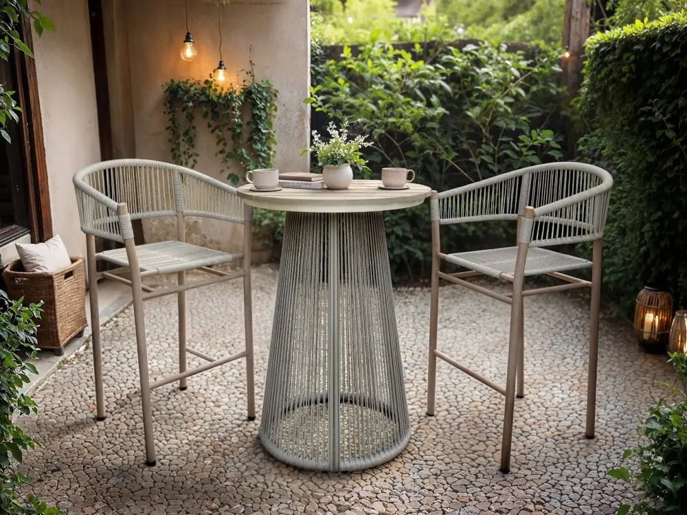 Outdoor bar table and two bar chairs with woven rope detailing on a patio
