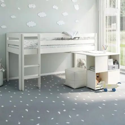 Wooden mid sleeper bed with desk and white FSC-certified pine frame 