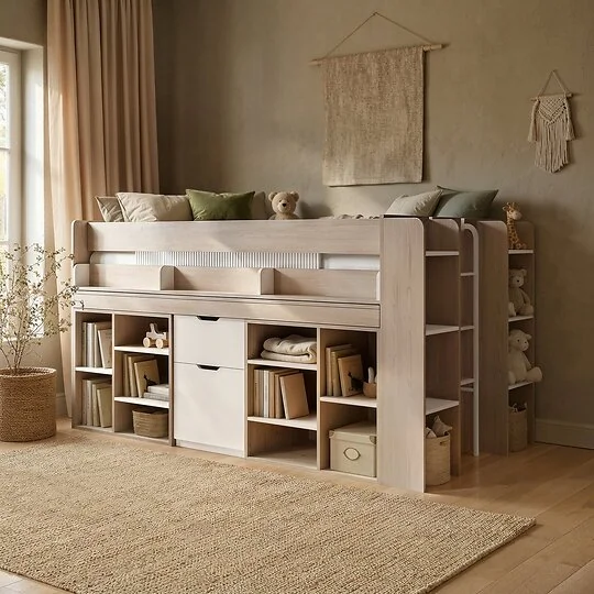 Flair Micah oak and white mid sleeper cabin bed with pull-out desk