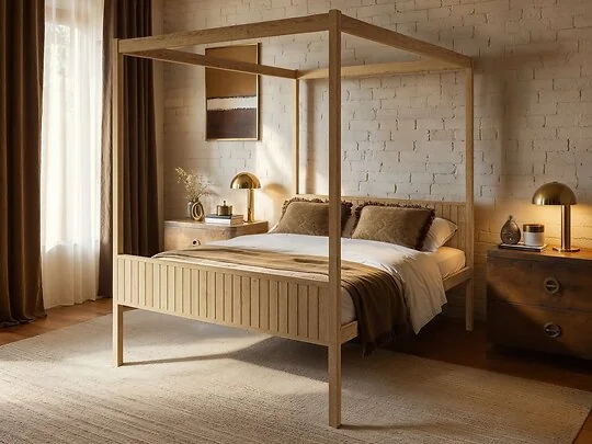 Flair Maddy solid pine 4 poster double bed with slatted panels in a modern bedroom setting