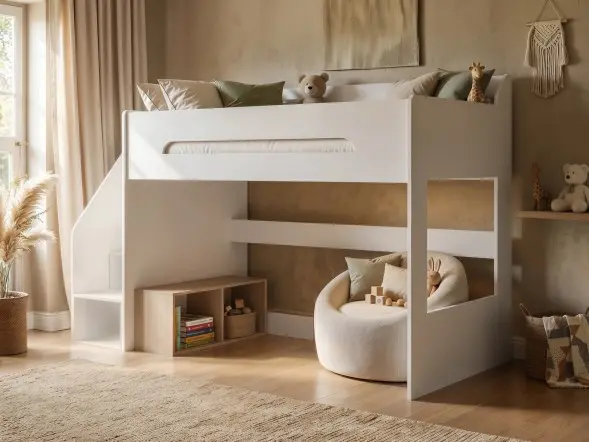  Flair Stepaside High Sleeper Bed with storage stairs in white 
