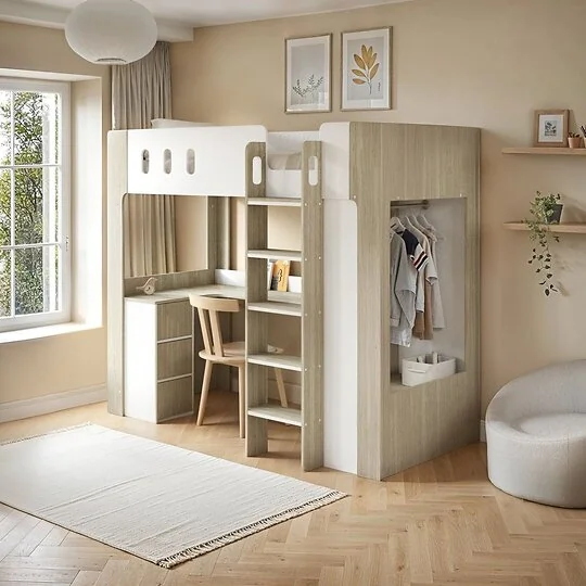 Flair Willow high sleeper with desk in white and oak