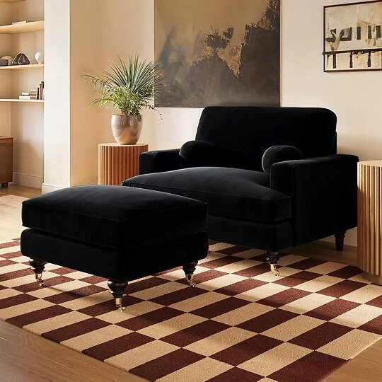 SOLACE+CO Addison Loveseat Footstool Bundle Black Velvet