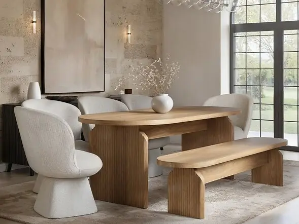 SOLACE+CO Varm Ribbed Oval Dining Table with Bench & Aiko Chairs Set