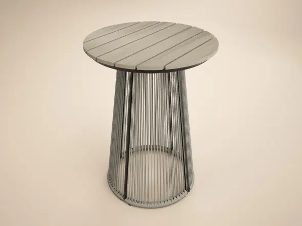 Outdoor bar table and two bar chairs with woven rope detailing on a patio
