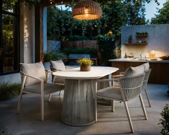 Solace+Co Hana oval garden dining table with Lynden beige rattan chairs and cushions