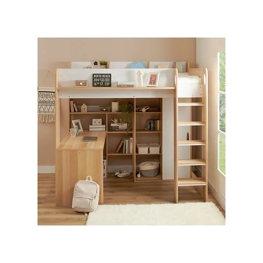 Flair Ava high sleeper with desk and wardrobe in oak and white