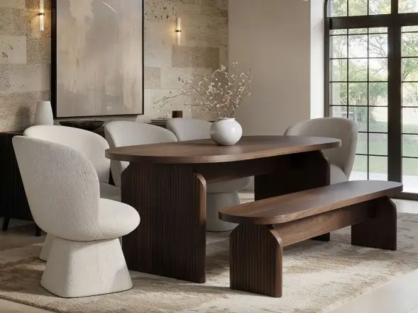 SOLACE+CO Varm Ribbed Oval Dining Table with Bench & Aiko Chairs Set