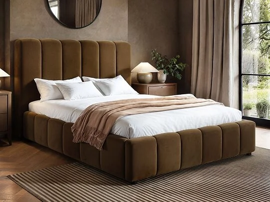 SOLACE+CO Emilie ribbed ottoman bed in brown velvet with tall scalloped headboard in a styled bedroom